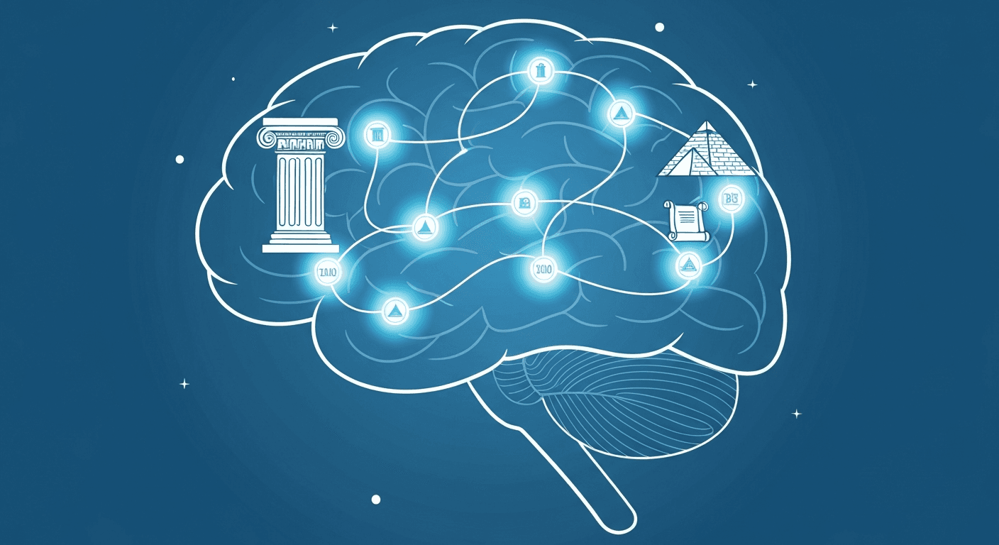 What is the best way to memorize history dates?: a clean, educational illustration in a blue and white palette