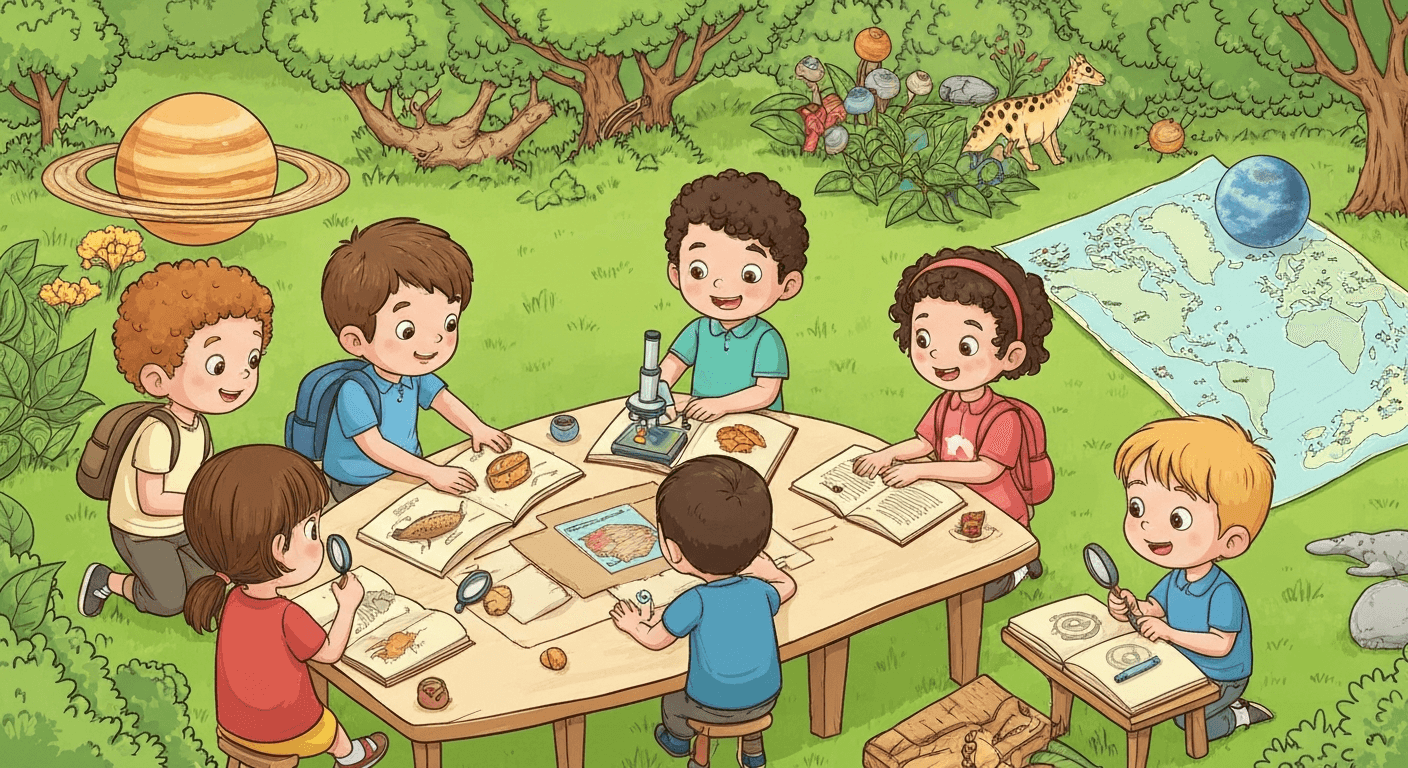 Does educational music actually work for older kids?: clean educational illustration of a diverse group of older children (ages 10 to 14) wearing headphones, looking engaged and happy