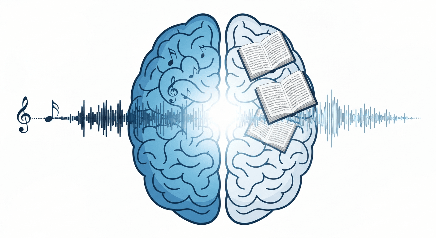 Does music actually help you study better?: clean educational illustration of a human brain with musical notes and sound waves flowing into one hemisphere, and book pages and text flowing into the other