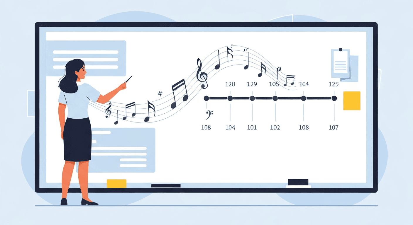 How can teachers use music to improve test scores?: a clean, minimalist educational illustration of a female teacher in a classroom pointing to a large interactive whiteboard