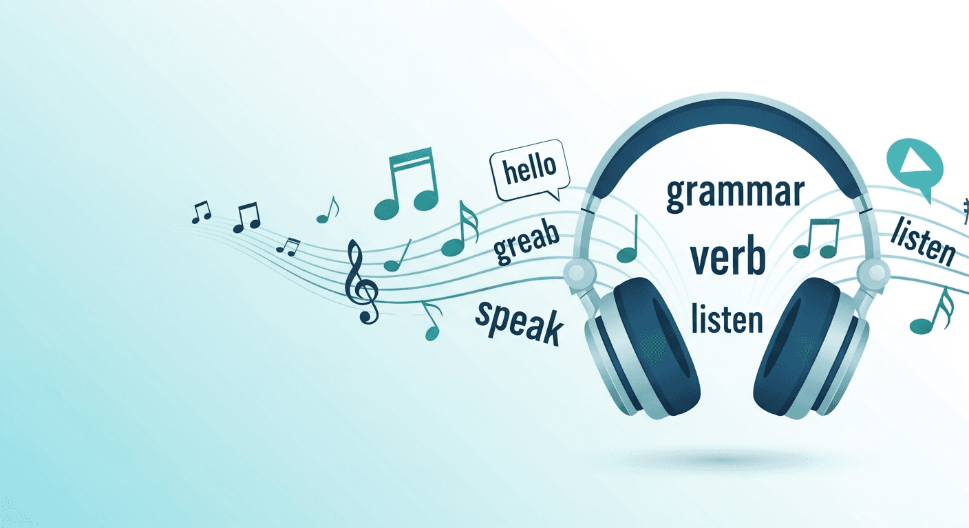 How Can I Use Music to Learn English?: clean educational illustration showing a pair of headphones with English words and musical notes flowing out of them into a person's mind