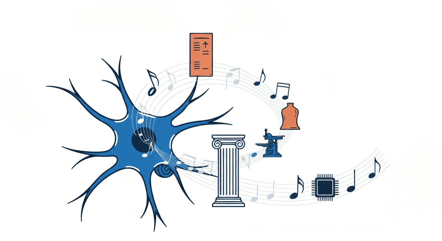 Can you learn world history through songs?: a clean, minimalist illustration in a blue and white color palette