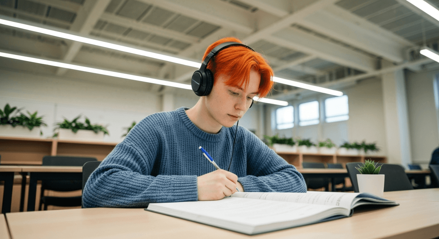 What should I listen to while studying for exams?: clean educational illustration of a student at a desk wearing headphones, with musical notes and historical icons like a Roman column and a DNA helix flowing from the headphones into their head